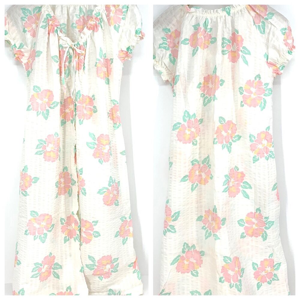 Vintage Miss Elaine Cotton Floral Robe Snap Front Seersucker Housecoat Duster S